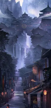 Enjoy a stunning live wallpaper depicting a black-clad warrior standing in a deserted street with a mystical temple perched atop a majestic mountain in the background