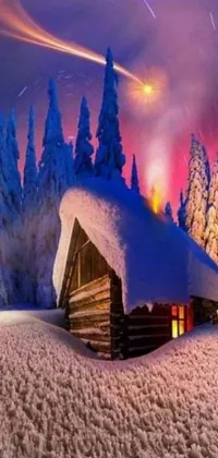 This live wallpaper is a tranquil scene depicting a cabin nestled in a snowy forest