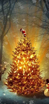 This lively phone live wallpaper depicts a joyous Christmas scene featuring a festive Christmas tree, snowman and golden fireflies