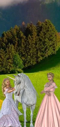 This live phone wallpaper is a visually stunning image of two women standing beside a white horse against a beautiful green hill