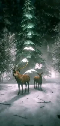 This live wallpaper for your phone features two deer standing in a snowy forest