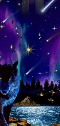 This live wallpaper features a beautiful painting of a wolf, standing near a body of water