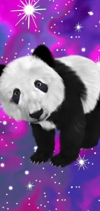 This phone live wallpaper showcases a cute panda sitting on a colorful purple and blue digital background