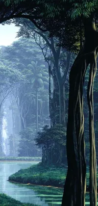 This phone live wallpaper features a stunning painting of a meandering river running through a dense forest