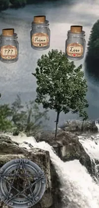 This phone live wallpaper features a captivating waterfall and a stunning arrangement of glass bottles set against a backdrop of towering trees