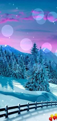 This live wallpaper features a snowy landscape on a mountain, with a fence in the foreground adding depth