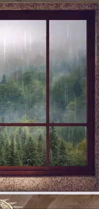 This Phone Live Wallpaper features a realistic painting of a cat sitting before a window overlooking a forest