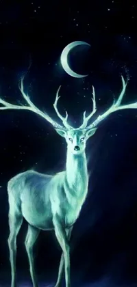 This live wallpaper depicts a snow-covered forest with a majestic deer standing in front of you