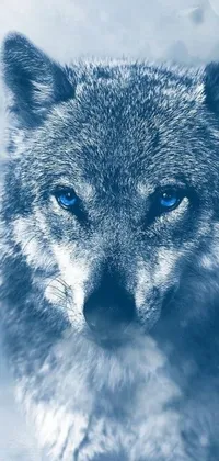 This live wallpaper showcases a majestic wolf with piercing blue eyes in a blue-tinted close-up image