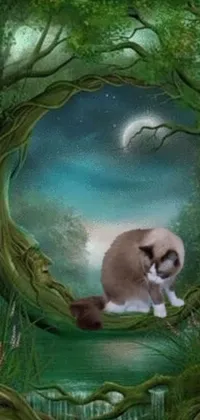 This live wallpaper features a beautiful painting of a magical forest with a ragdoll cat sitting on a tree branch