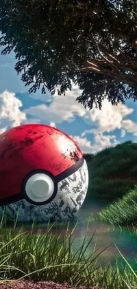 The phone live wallpaper showcases a hyper-realistic red and white soccer ball bouncing on lush green grass