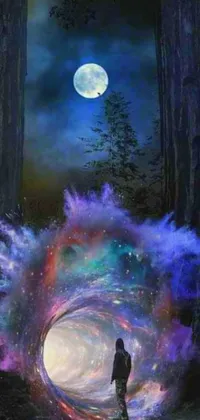 This mesmerizing phone and desktop live wallpaper depicts a vivid and colorful forest under a full moon