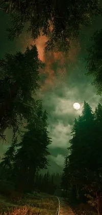 This phone live wallpaper depicts a scenic forest with a train track under a full moon