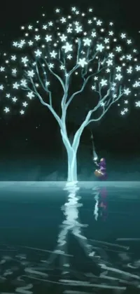 This phone live wallpaper showcases a surreal scene of a swing next to a glowing tree with stars reflecting on the water