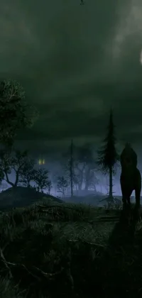 This stunning live wallpaper depicts a man riding on a horse through a forest under a full moon