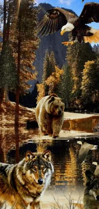 This phone background features a group of animals by a peaceful body of water