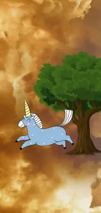 This phone live wallpaper depicts a cartoon unicorn flying in the sky next to a tree