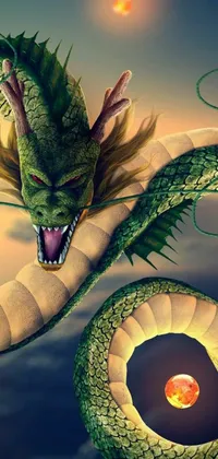 This live phone wallpaper features a stunning digital art close-up of a green dragon on water