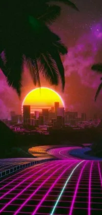 This phone live wallpaper depicts a beautiful neon sunset scene with palm trees in the foreground, perfect for fans of 80s airbrush aesthetic
