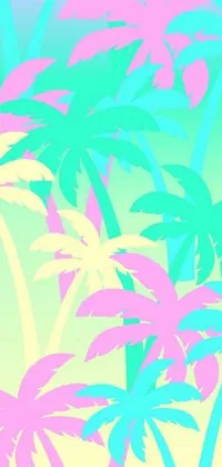 This lively digital wallpaper features two palm trees in bright and bold colors that add a tropical vibe to your smartphone screen