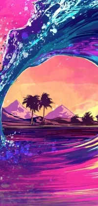 This phone live wallpaper features a digital art piece of a man surfing on a wave, set against an abstract tropical landscape