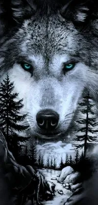 This live wallpaper features a captivating black and white photo of a wolf with blue eyes, set against a mystical and misty forest backdrop