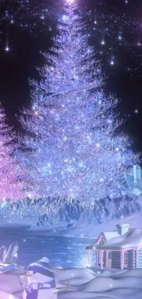This live phone wallpaper showcases a stunning digital rendering of a Christmas tree on top of a snow-covered field