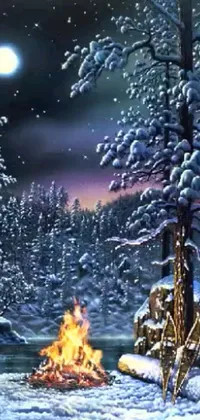 This stunning phone live wallpaper displays a picturesque scene of a campfire in a snow-covered forest