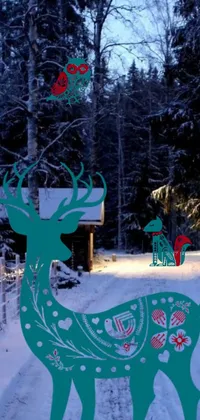 This phone live wallpaper showcases a digital rendering of a deer in the snow, featuring hurufiyya elements and shades of teal, silver, and red