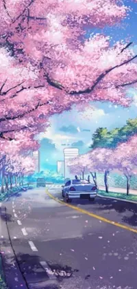 This stunning live wallpaper features a sleek car cruising down a tree-lined road