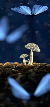 This captivating Phone Live Wallpaper features a group of blue butterflies gracefully flying around a vivid alien mushroom made entirely of mushrooms from Alpha Centauri