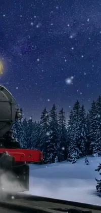 The winter-themed phone live wallpaper showcases an intricate illustration of a locomotive traveling an enchanting forest with snow-covered trees