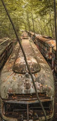 This phone live wallpaper features a group of abandoned buses parked in a forest alongside a rusted train creating an eerie post-apocalyptic setting