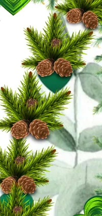 This phone live wallpaper showcases a bundle of pine cones perched atop an evergreen tree inside a stylishly designed border