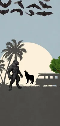 This phone live wallpaper depicts a man and dog enjoying a peaceful night amidst grass and swaying palms