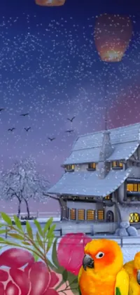 This live wallpaper depicts two birds standing in front of a house, with a digitally rendered, naive art inspired background