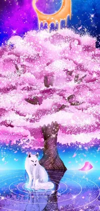This phone live wallpaper showcases two cute cats and a white-haired fox resting under a cherry blossom tree