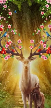 This enchanting phone live wallpaper features a stunning digital rendering of a deer and a baby deer standing under a tree