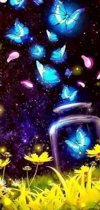 This is a captivating phone live wallpaper that depicts a digital painting of graceful butterflies taking flight out of a jar