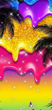 Introducing a playful, vivacious phone live wallpaper that features a neon-colored digital art design inspired by tropical palm trees, butterflies and sparkling coves