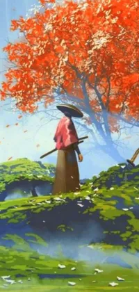 This live phone wallpaper features a breathtaking artwork of a woman holding an umbrella in a vast field
