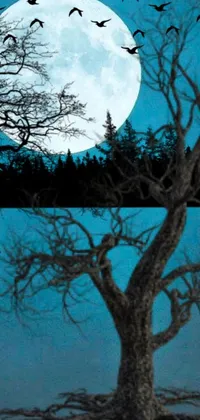 This phone live wallpaper depicts a split digital art painting with a haunting tree on the left and a full moon on the right, inspired by Rene Magritte