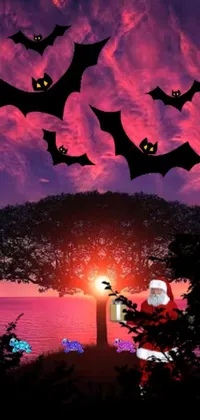 Get into the Halloween spirit with this animated live wallpaper featuring a group of bats flying over a twisted tree