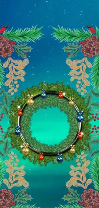 This phone live wallpaper features a beautiful Christmas wreath set against a blue and green forest-inspired background