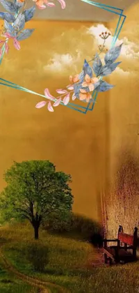 This live wallpaper features a beautiful surrealist painting with a person sitting on a bench in a peaceful field