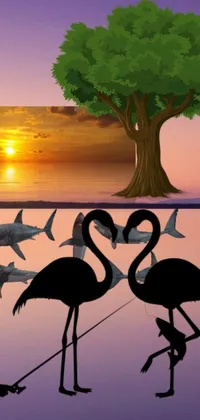 This live wallpaper depicts two flamingos standing in water while surrounded by dolphins, swordfishes, and birds