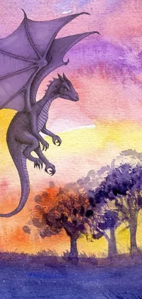 This phone wallpaper features a watercolor painting of a four-legged dragon flying in the sky