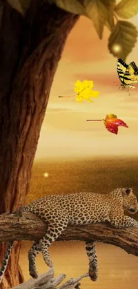 This phone live wallpaper showcases a mesmerizing leopard resting on a tree branch