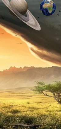 This phone live wallpaper showcases a surreal scene of a planet and a tree in a vast open field