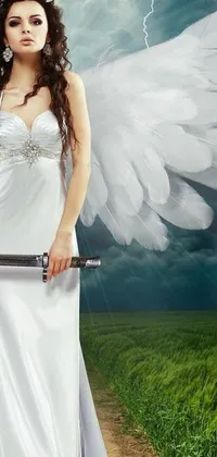 This live wallpaper features a woman in a stunning white dress brandishing a sword against a dramatic backdrop of thunderstorms